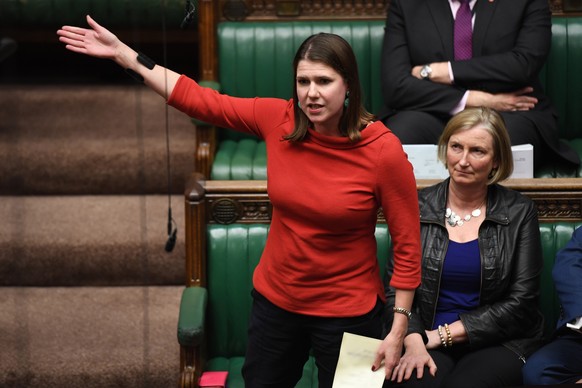 epa07957035 A handout photo made available by the UK Parliament shows Leader of the Liberal Democrats, Jo Swinson during an election debate in the House of Commons in London, Britain, 28 October 2019. ...