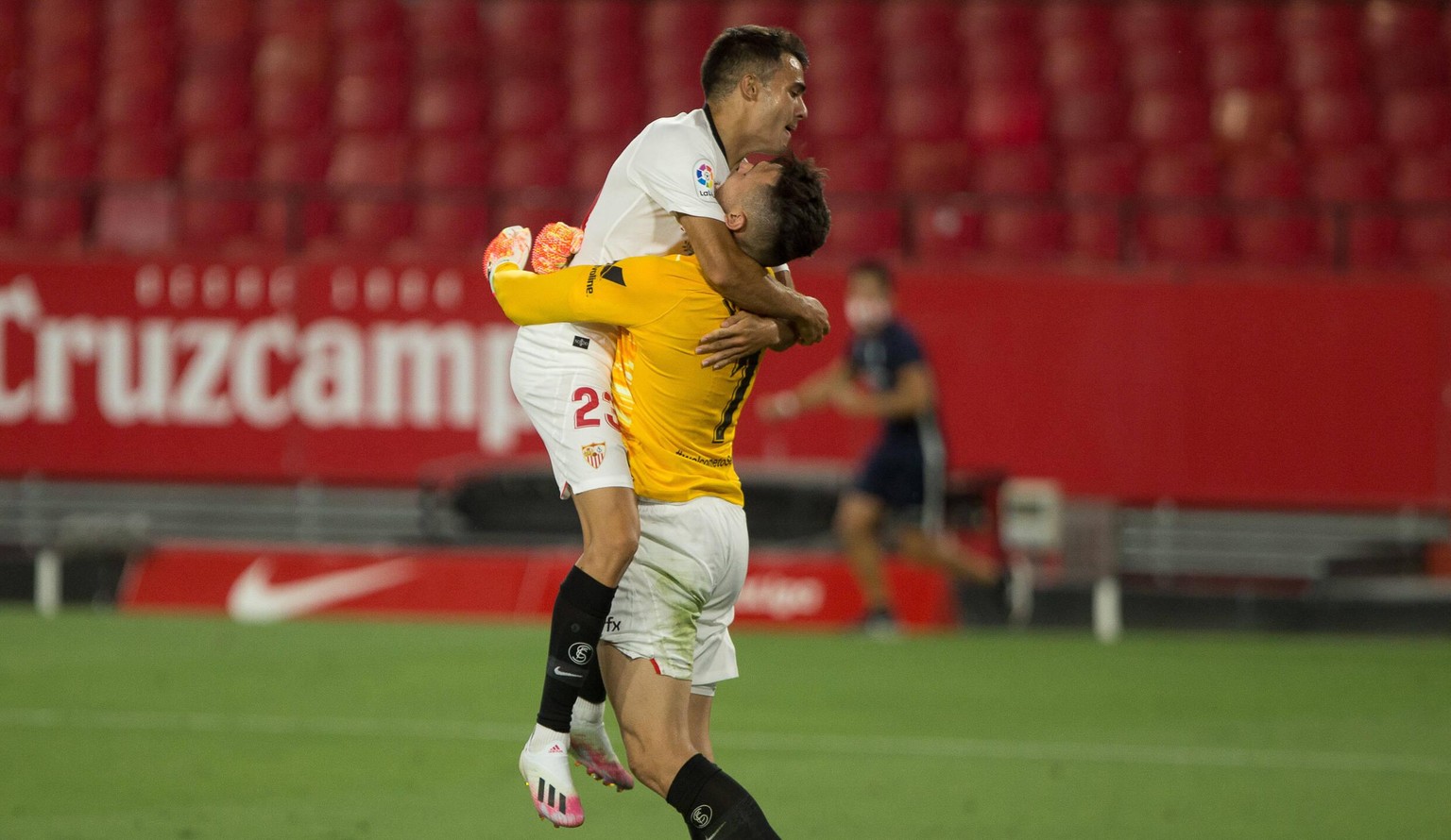 July 6, 2020, Sevilla, SEVILLA, SPAIN: Sergio Reguilon of Sevilla celebrates the victory with Lucas Ocampos, who played as goalkeeper, during the spanish league, LaLiga, football match played between  ...