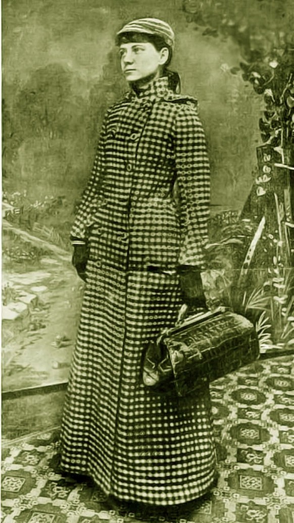 In diesem Kleid und mit einem Minimum an Gepäck (etwas mehr als diese Handtasche war es schon, aber nur so viel, dass sie alles selbst tragen konnte), bricht Nellie Bly am 14. November 1889 allein zu  ...