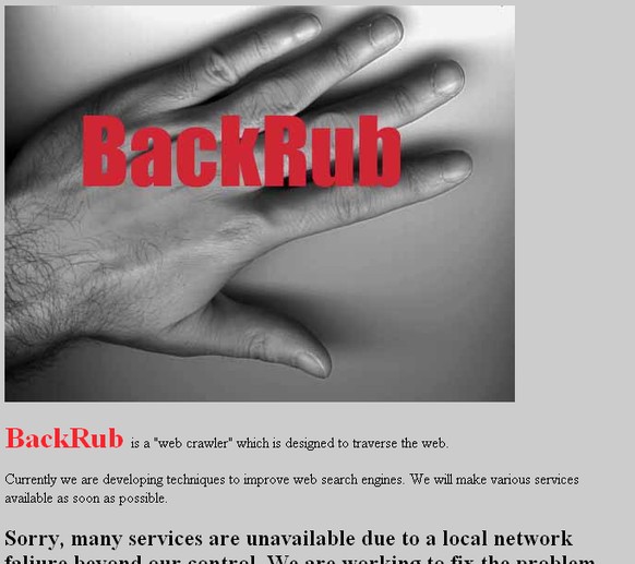 1996: Das BackRub-Logo zeigt Larry Pages Hand.&nbsp;