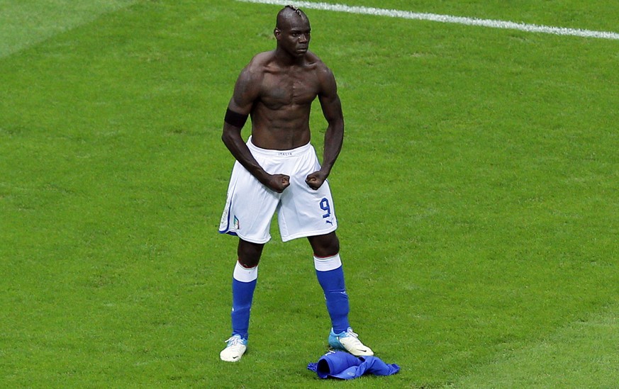 Italy&#039;s Mario Balotelli celebrates scoring his side&#039;s second goal during the Euro 2012 soccer championship semifinal match between Germany and Italy in Warsaw, Poland, Thursday, June 28, 201 ...