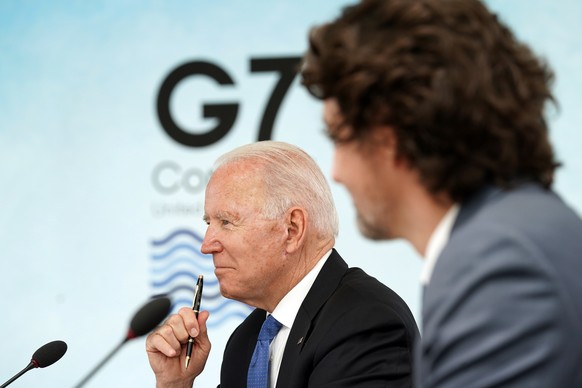 President Joe Biden and Canadian Prime Minister Justin Trudeau attend the G-7 summit at the Carbis Bay Hotel in Carbis Bay, St. Ives, Cornwall, England, Friday, June 11, 2021. Leaders of the G-7 begin ...