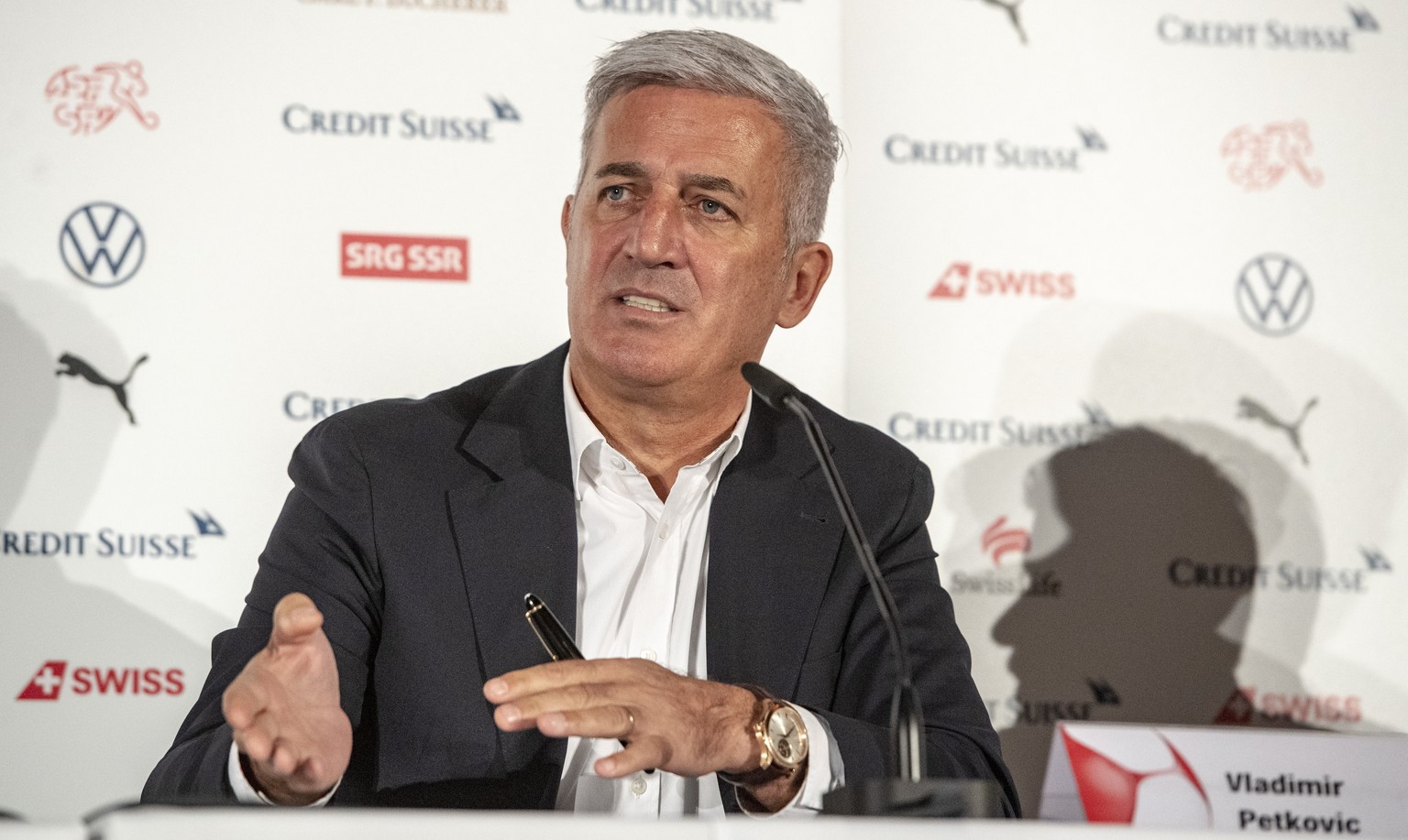 Switzerland&#039;s national soccer team head coach Vladimir Petkovic speaks during a press conference before the UEFA Euro 2020 qualifying Group D soccer matches against Denmark and Ireland, on Friday ...