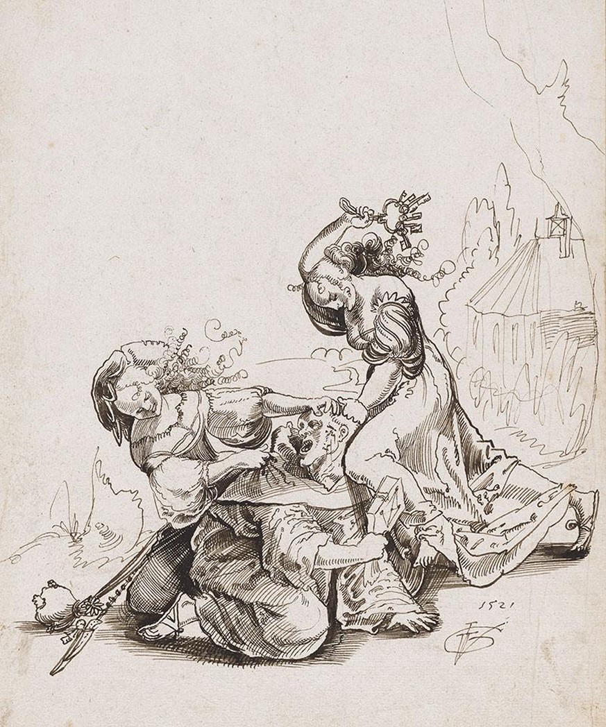 Zwei Frauen verprügeln einen Mönch, Federzeichnung von Urs Graf, 1521. Der Schmerz des Manns wird durch seine Mimik und eine klaffende Kopfwunde verbildlicht.
Blatt: 28.2 x 20.8 cm; Feder in Schwarzbr ...