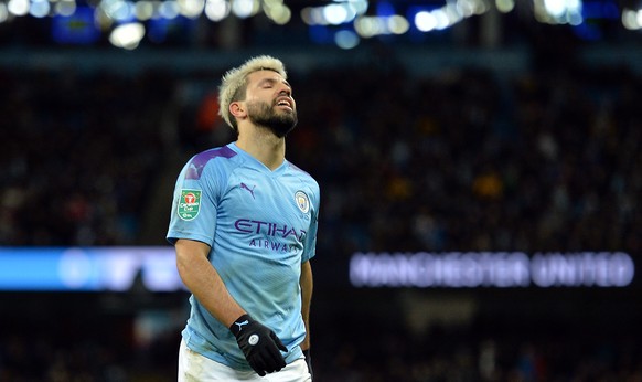 epa08176932 Sergio Aguero of Manchester City reacts during the Carabao Cup semi final second leg match between Manchester City and Manchester United in Manchester, Britain, 29 January 2020. EPA/PETER  ...