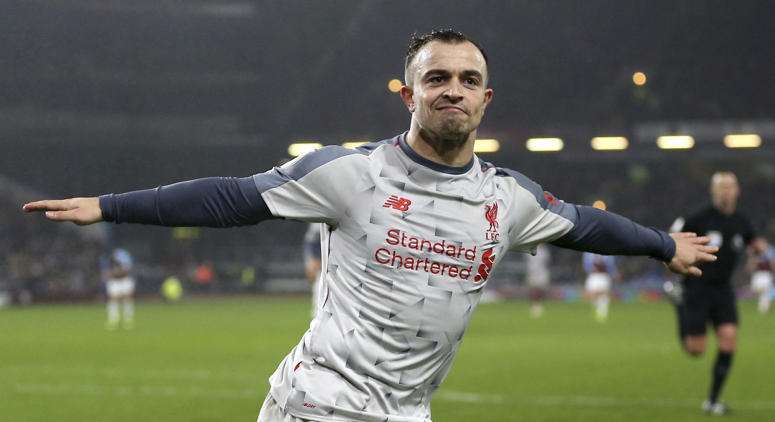 Liverpool&#039;s Xherdan Shaqiri scores his side&#039;s third goal of the game against Burnley, during their English Premier League soccer match at Turf Moor in Burnley, England, Wednesday Dec. 5, 201 ...