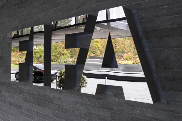 epa08334979 (FILE) - The FIFA logo on display prior to the FIFA Council meeting at the Home of FIFA in Zurich, Switzerland, 14 October 2016 (re-issued on 31 March 2020). The world governing body FIFA  ...