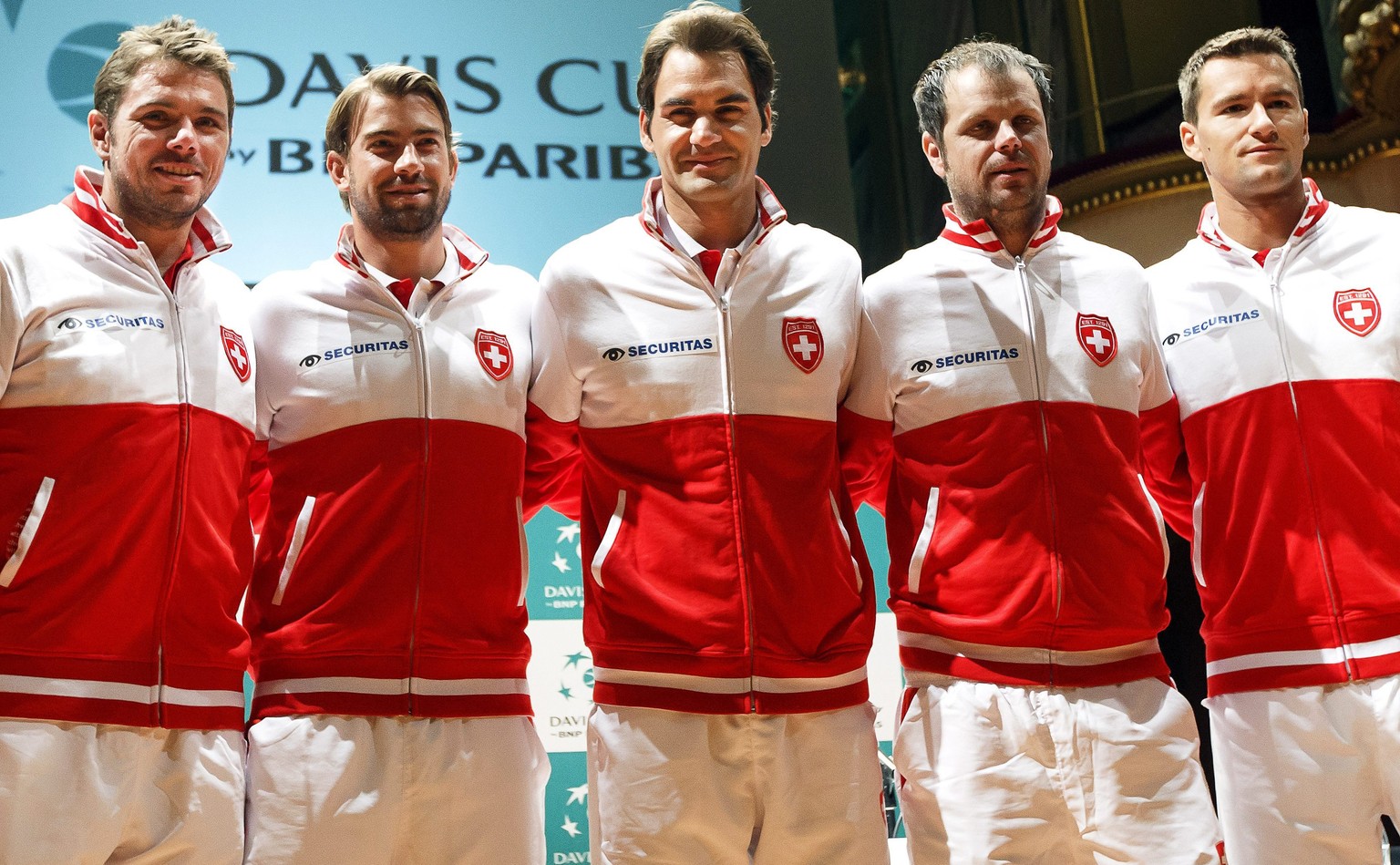 Diese fünf sollen es in Lille richten: Wawrinka, Lammer, Federer, Lüthi und Chiudinelli (v.l.n.r.).