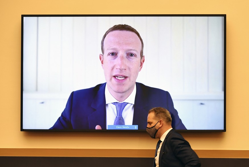 Facebook CEO Mark Zuckerberg testifies remotely during a House Judiciary subcommittee hearing on antitrust on Capitol Hill on Wednesday, July 29, 2020, in Washington. (Mandel Ngan/Pool via AP)