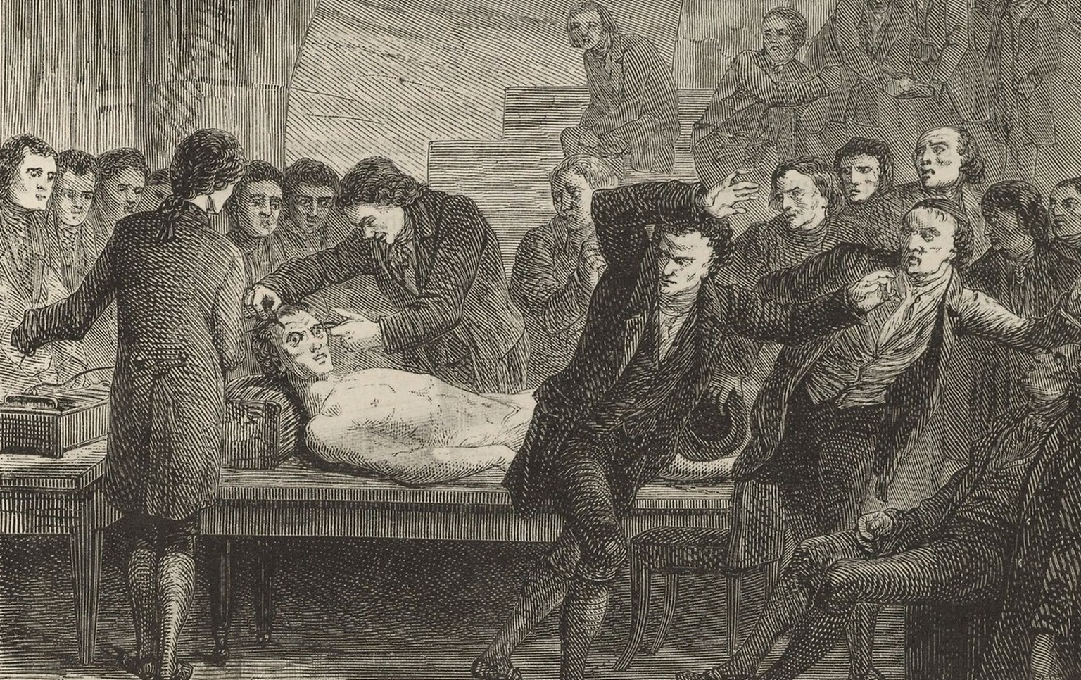 Der britische Mediziner Andrew Ure bringt seine tote Versuchsperson zum Zittern, 1867.