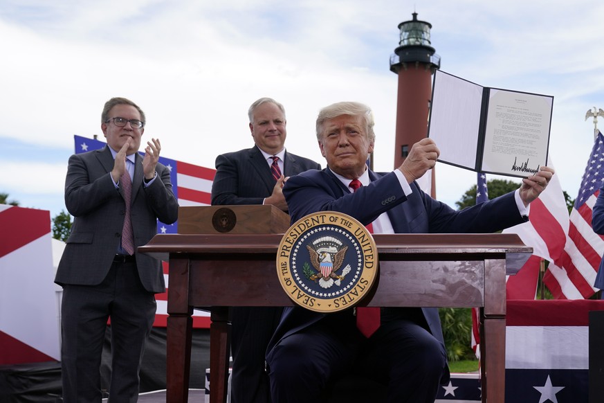 President Donald Trump at the Jupiter Inlet Lighthouse and Museum, Tuesday, Sept. 8, 2020, in Jupiter, Fla. Trump signed a memorandum to expand the offshore drilling moratorium to Florida&#039;s Atlan ...
