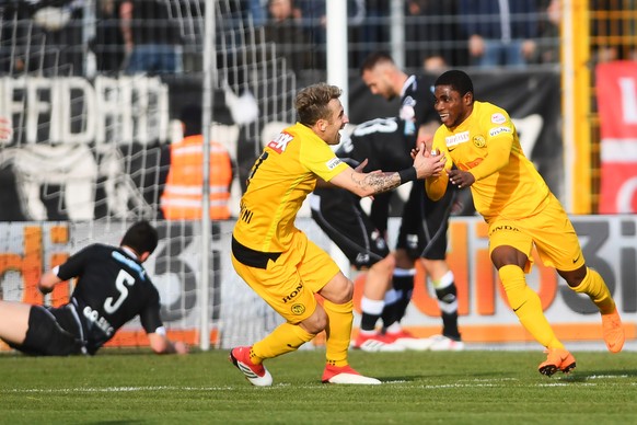 Young Boys player Miralem Sulejmani, right, celebrate the goal 2-1 whit Young Boys player Roger Assal, during the Super League soccer match FC Lugano against BSC Young Boys Bern, at the Cornaredo sta ...