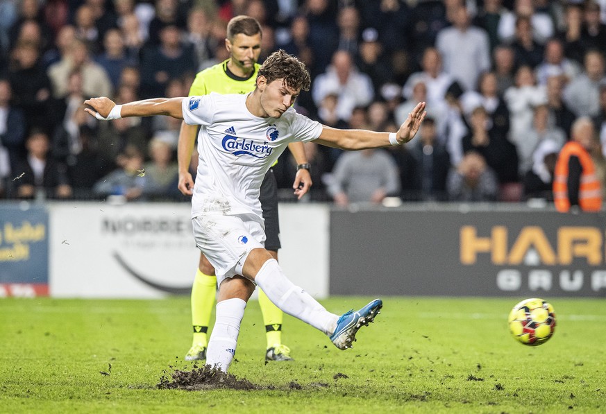 epa07772106 Jonas Wind of FC Copenhagen misses to score during the penalty shoot-out in the UEFA Champions League third qualifying round second leg soccer match between FC Copenhagen and Red Star Belg ...
