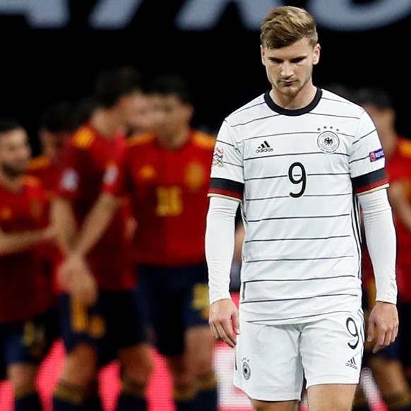 epa08826065 German national soccer team striker Timo Werner reacts during the UEFA Nations League soccer match, group 4, between Spain and Germany at La Cartuja Stadium in Sevilla, Spain, 17 November  ...