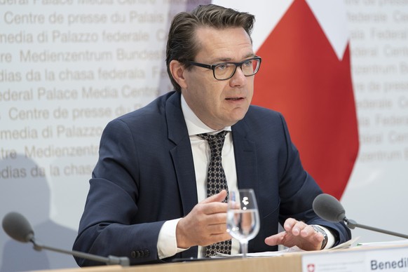 Benedikt Wuerth, Praesident der Konferenz der Kantonsregierungen (KdK), spricht an einer Medienkonferenz, am Donnerstag, 27. Mai 2020, in Bern. (KEYSTONE/Peter Schneider)