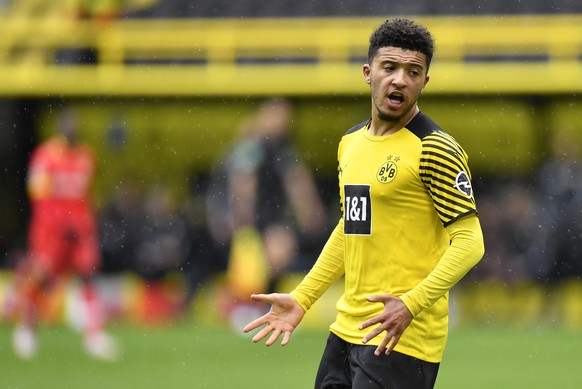 Dortmund&#039;s Jadon Sancho reacts after missing a chance to score during the German Bundesliga soccer match between Borussia Dortmund and Bayer Leverkusen in Dortmund, Germany, Saturday, May 22, 202 ...