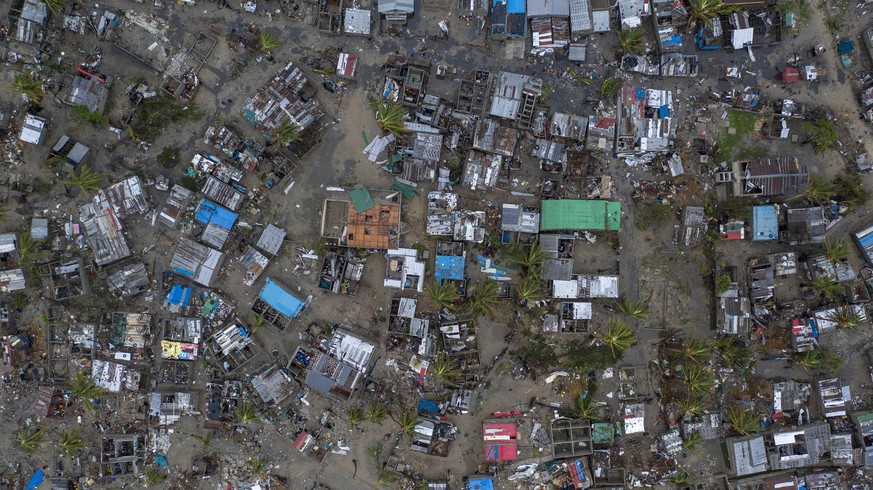 epa07447948 A handout photo made available by CARE, an international humanitarian agency shows the drone footage of a general aerial view of the damaged Praia Nova Village, after Cyclone Idai made lan ...