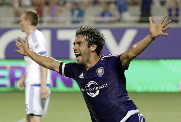 FILE - In this May 21, 2016, file photo, Orlando City&#039;s Kaka celebrates after teammate Cyle Larin scored against the Montreal Impact during the second half of an MLS soccer game in Orlando, Fla.  ...