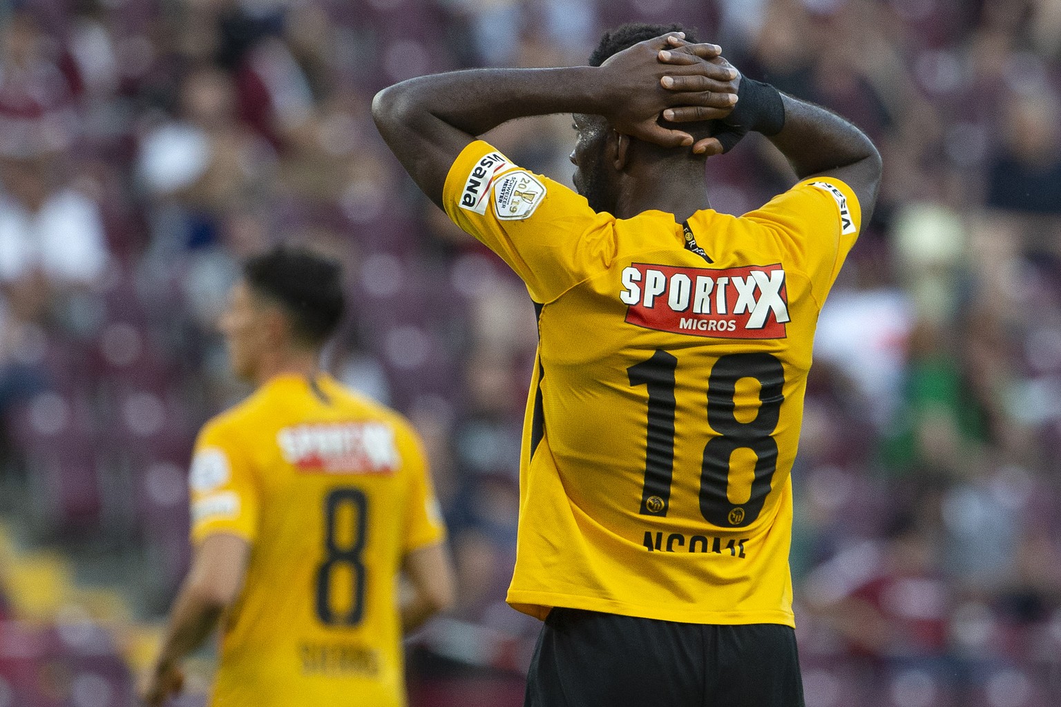 Young Boys&#039; forward Jean-Pierre Nsame #18 reacts after missing a goal, during the Super League soccer match of Swiss Championship between Servette FC and BSC Young Boys, at the Stade de Geneve st ...