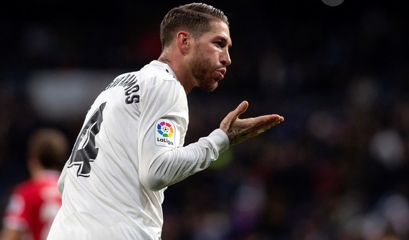 epa07316941 Real Madrid&#039;s defender Sergio Ramos celebrates after scoring his second goal during the Spain&#039;s King&#039;s Cup quarter final first leg match between Real Madrid and Girona at Sa ...