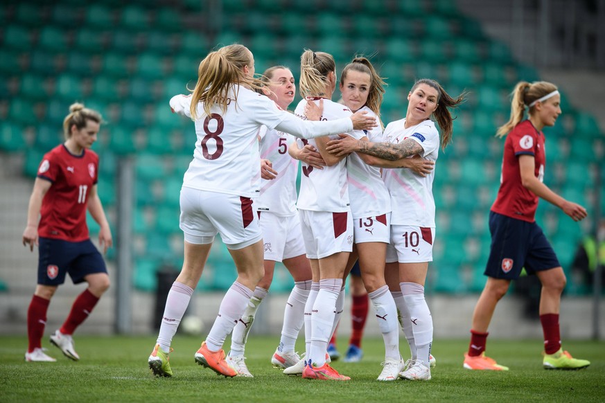 Chomutov, Czech Republic, April 9th 2021: Players of Switzerland celebrate their 1:1 goal through Ana-Maria Crnogorcevic 9 Switzerland during the UEFA Womens Championship Qualifier Playoff game betwee ...