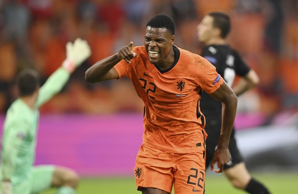 Denzel Dumfries of the Netherlands celebrates after scoring his side&#039;s second goal during the Euro 2020 soccer championship group C match between the The Netherlands and Austria at Johan Cruijff  ...