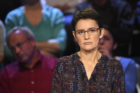 epa05888836 French presidential election candidate for the far-left Lutte Ouvriere (LO) party Nathalie Arthaud attends a debate organized by French private TV channels BFM TV and CNews, between the el ...