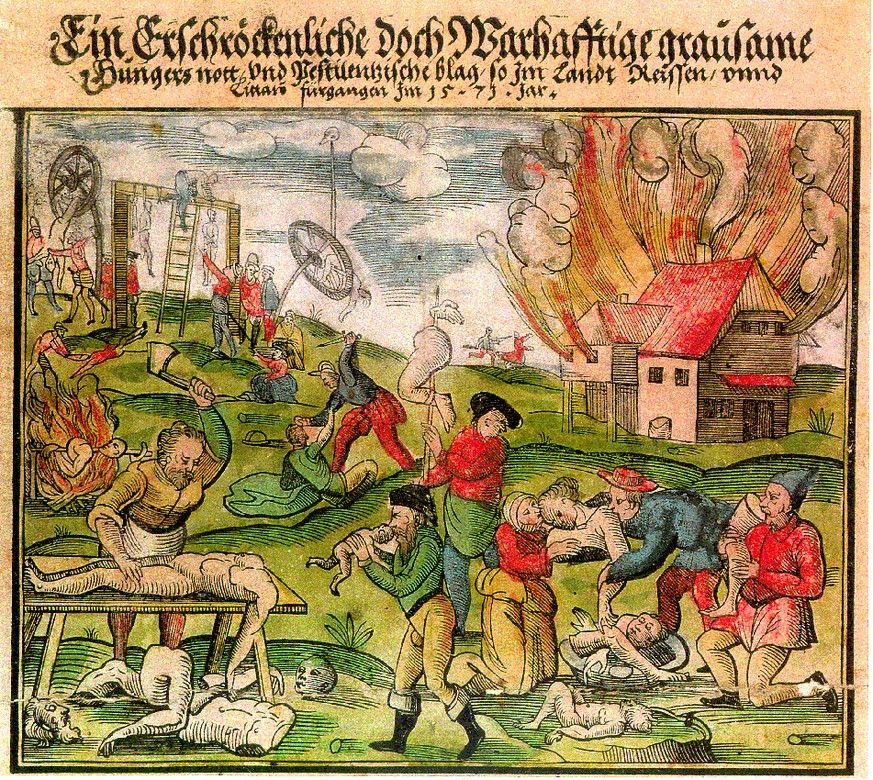 «Ein Erschröckentliche Doch Wahrhafftige grausame Hungers nott»: Kanibalismus in Litauen und Russland, 1571, auf einem deutschen Flugblatt.