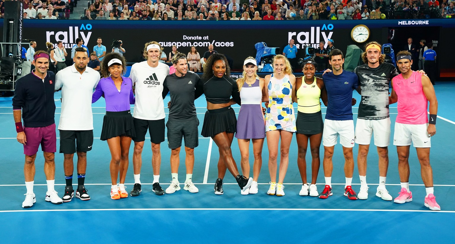 epa08129557 (L-R) Roger Federer of Switzerland, Nick Kyrgios of Australia, Naomi Osaka of Japan, Alexander Zverev of Germany, Dominic Thiem of Austria, Serena Williams of the USA, Caroline Wozniacki o ...
