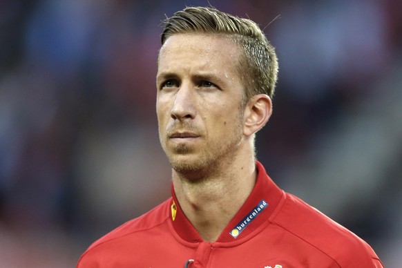 FILE - In this Tuesday, June 31, 2016 file photo, Austria&#039;s Marc Janko listens to the national anthem ahead of an international friendly soccer match against Malta, in Klagenfurt, Austria. Austri ...