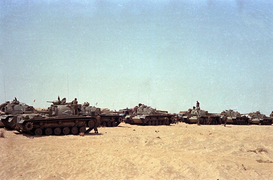 A column of tanks of the Israeli Army is seen at an unknown location, on June 8, 1967, on the third day of the Six-Day War between Israel and the Arab states of Egypt, Syria, and Jordan. (AP Photo)