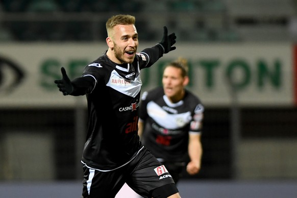Lugano&#039;s player Sandi Lovric celebrates the 1-1 goal, during the Super League soccer match between FC Lugano and FC Basel, at the Cornaredo stadium in Lugano, on Saturday, 20 March 2021. (KEYSTON ...