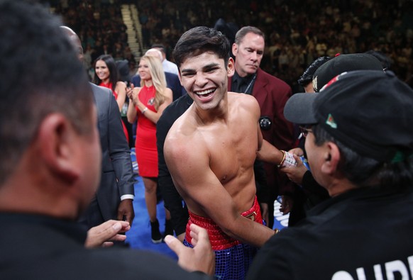 Ryan Garcia celebrates after defeating Romero Duno in a lightweight boxing bout Saturday, Nov. 2, 2019, in Las Vegas. (AP Photo/John Locher)