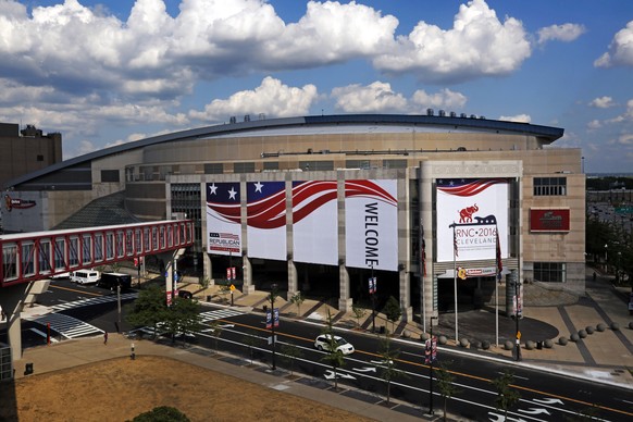 The Quicken Loans Arena is covered in signage in preparation for the upcoming Republican National Convention Wednesday, July 13, 2016, in Cleveland. (AP Photo/Gene J. Puskar)