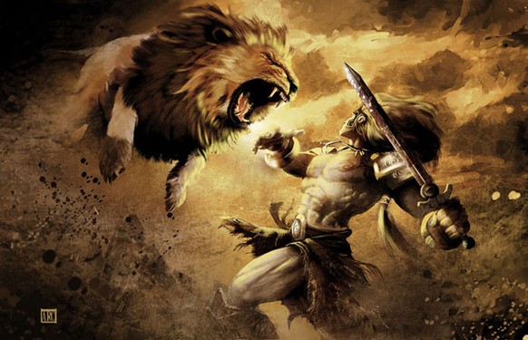 Herkules im Kampf gegen einen Löwen.