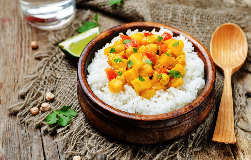 kürbis kichererbsen curry indisch reis vegetarisch