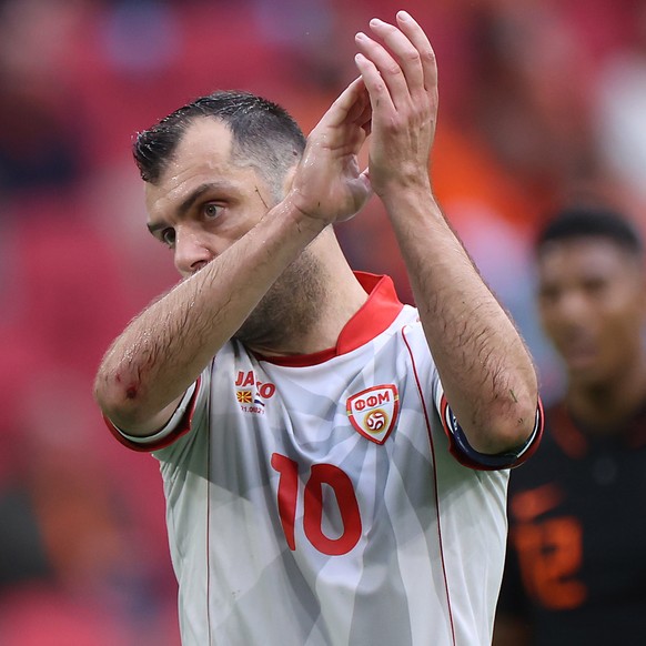 epa09291074 Goran Pandev of North Macedonia reacts during the UEFA EURO 2020 preliminary round group C soccer match between North Macedonia and the Netherlands in Amsterdam, Netherlands, 21 June 2021. ...