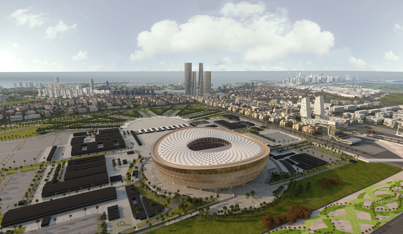 epa07234199 A handout computer generated image made available on 15 December 2018 by Qatar World Cup 2022 Supreme Committee for Delivery &amp; Legacy (SC) shows opening and final games of the 2022 FIF ...