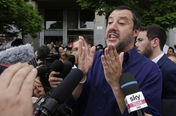 The League&#039;s leader Matteo Salvini reacts to a reporter&#039;s question at a campaign rally in support of The League&#039;s mayor candidate Giacomo Ghilardi for Cinisello Balsamo, near Milan, Ita ...