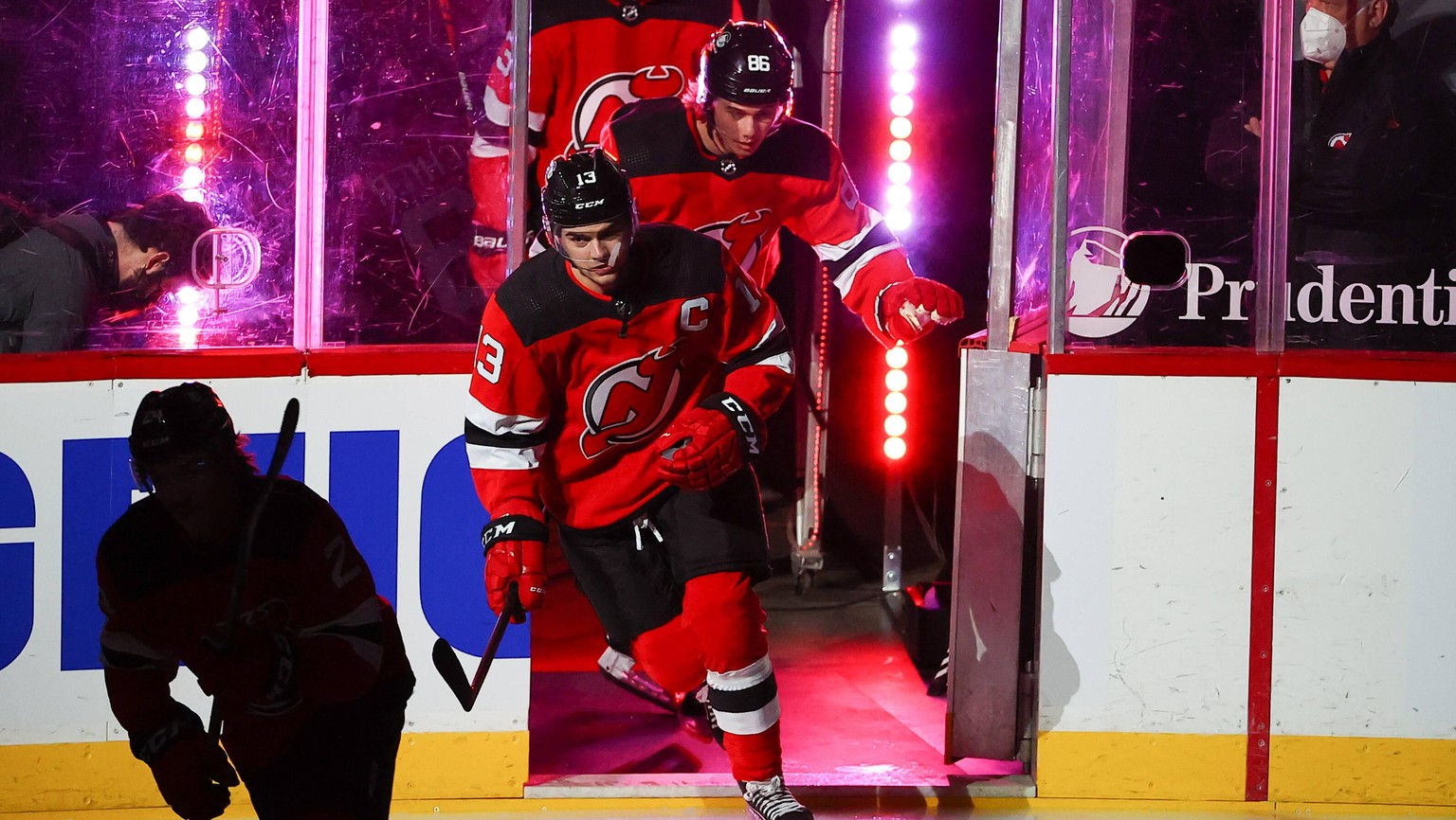 NEWARK, NJ - FEBRUARY 20: New Jersey Devils center Nico Hischier 13 enters the ice prior to the National Hockey League game between the New Jersey Devils and the Buffalo Sabres on February 20, 2021 at ...