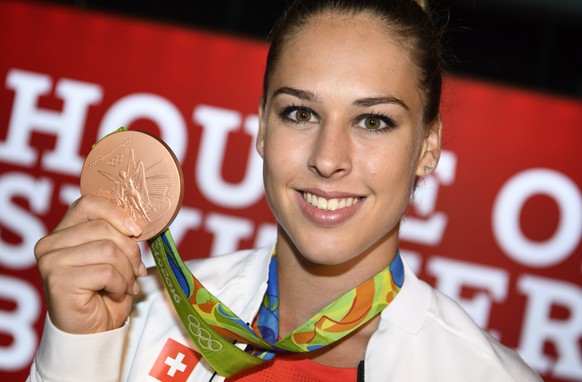 Giulia Steingruber celebrates her bronze medal in the Artistic Gymnastics Vault final in the House of Switzerland at the Rio 2016 Olympic Games in Rio de Janeiro, Brazil, on Tuesday, August 16, 2016.  ...