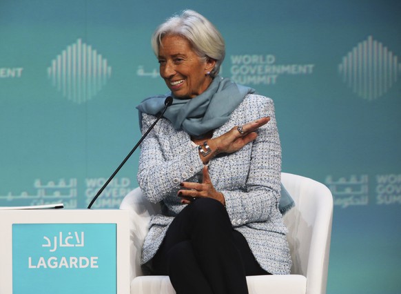 International Monetary Fund Managing Director Christine Lagarde speaks at the World Government Summit in Dubai, United Arab Emirates, Sunday, Feb. 10, 2019. Lagarde on Sunday warned that the British e ...