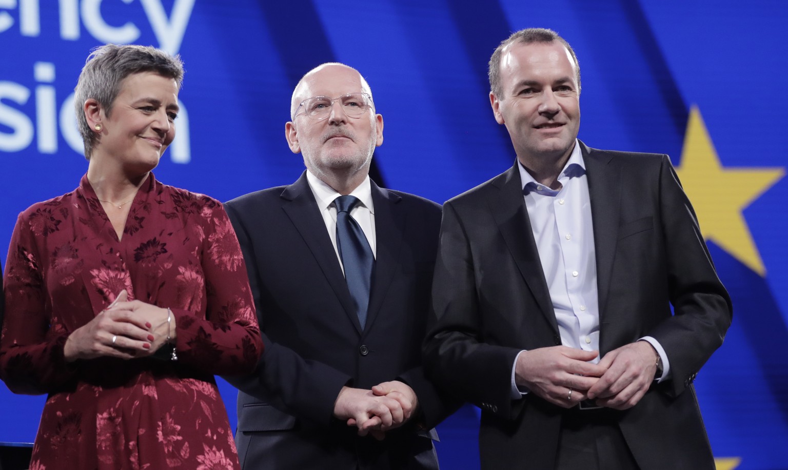 epa07573504 (L-R) Danish Margrethe Vestager of the Alliance of Liberals and Democrats for Europe (ALDE), Dutch Frans Timmermans of the Party of European Socialists (PES), German Manfred Weber of Europ ...