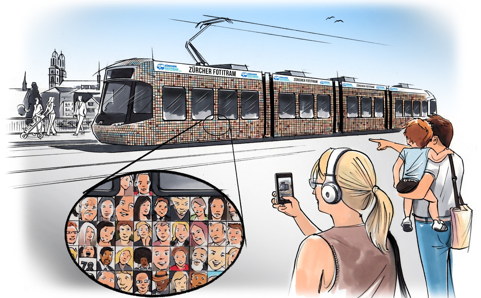 So soll das «Fotitram» aussehen: Über und über mit Selfies bedeckt, soll es ab März 2016 durch Zürich fahren