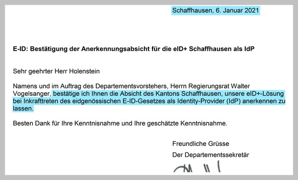 Brief vom Kanton Schaffhausen zum E-ID-Gesetz vom 6. Januar 2021.