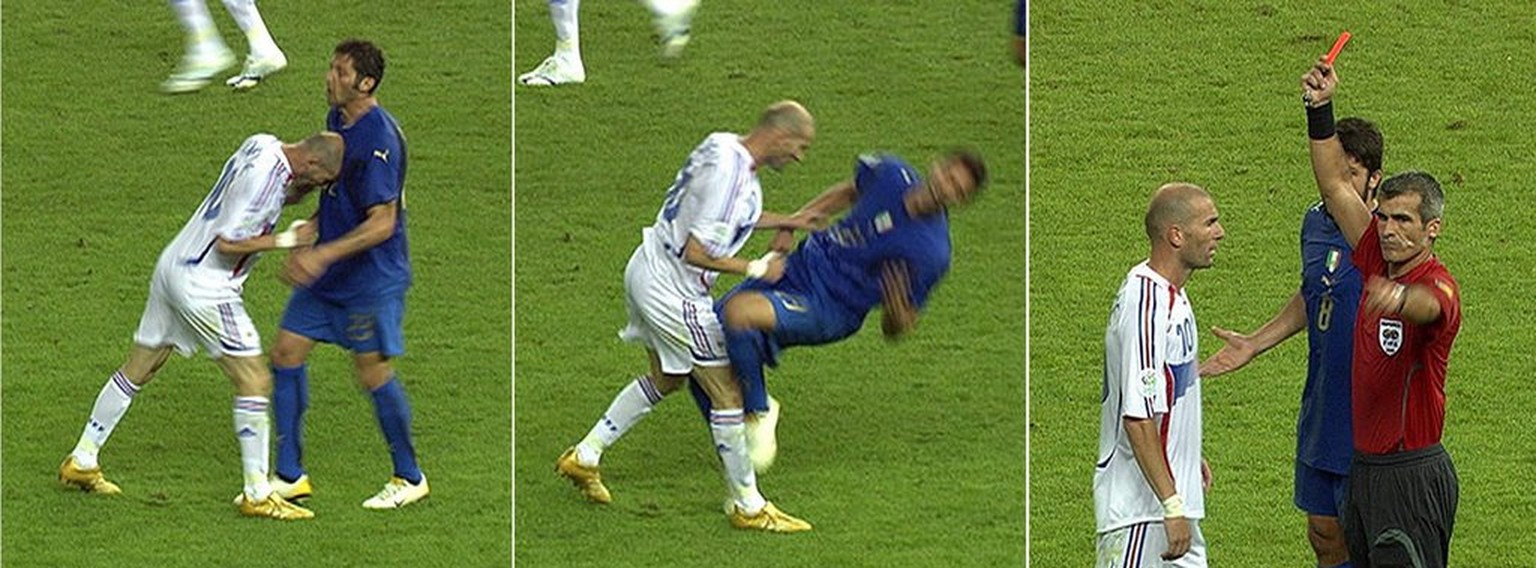A picture combo of TV grabs shows the foul Zinedine Zidane of France to Italy&#039;s Marco Materazzi and the red card shown to Zidane by referee Horacio Elizondo of Argentina during the final of the 2 ...