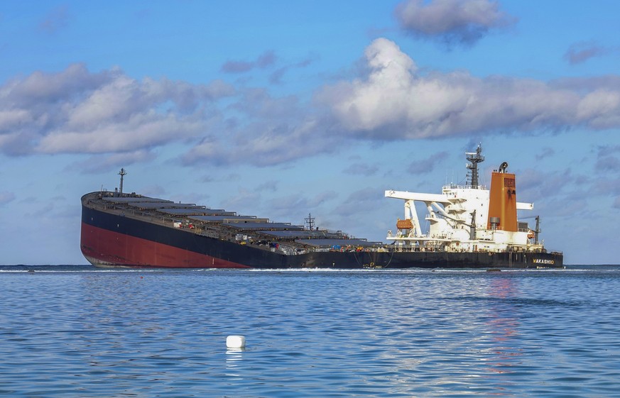 epa08602642 A general view of the MV Wakashio, a Japanese owned Panama-flagged bulk carrier after it ran aground off the southeast coast of Mauritius, 13 August 2020 (issued 14 August 2020). The ship  ...