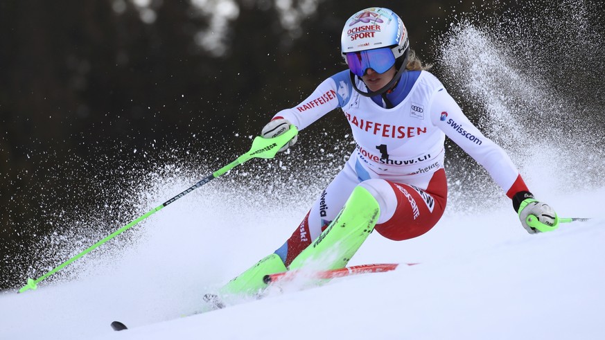 Switzerland&#039;s Denise Feierabend speeds down the course during the slalom portion of alpine ski, women&#039;s World Cup combined race, in Lenzerheide, Switzerland, Friday, Jan. 26, 2018. (AP Photo ...