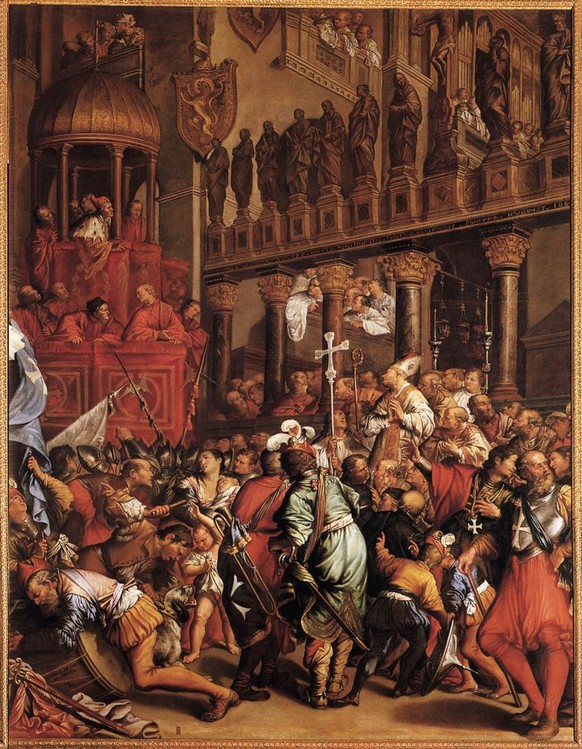Historiengemälde von Jean Le Clerc aus dem Jahr 1621, das den venezianischen Dogen Enrico Dandolo beim Werben für den Kreuzzug darstellt.