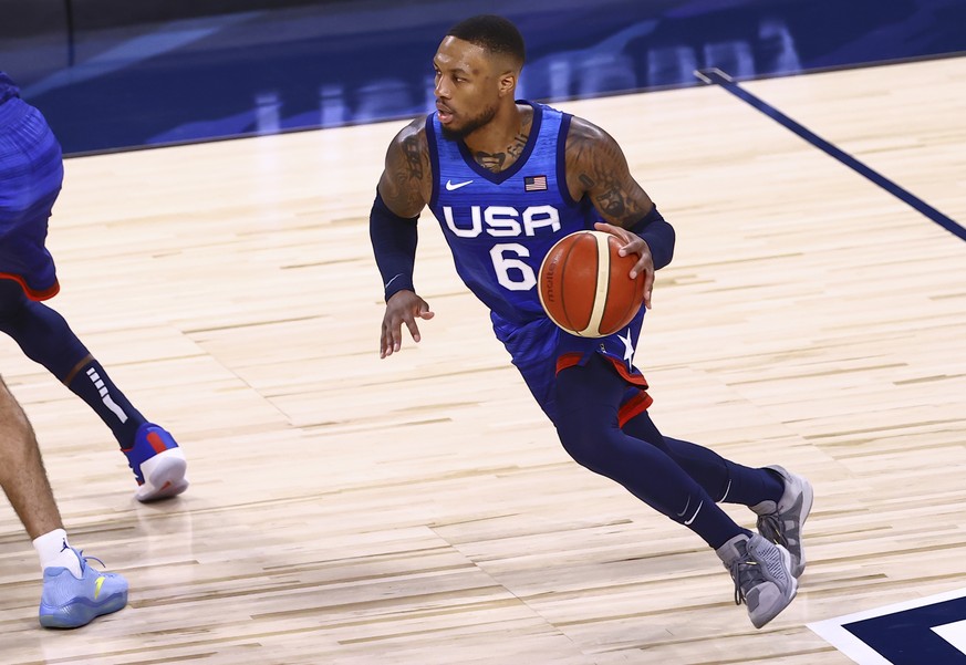 United States&#039; Damian Lillard (6) brings the ball up court against Argentina during the first half of an exhibition basketball game in Las Vegas on Tuesday, July 13, 2021. (Chase Stevens/Las Vega ...